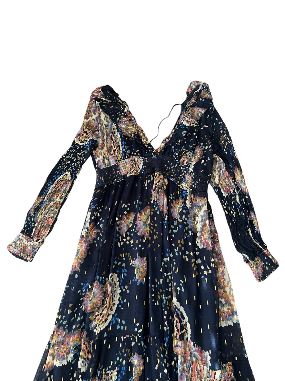 Anthropologie Women’s Smocked V-Neck Metallic Abstract Ruffle Blue Maxi Dress XL - Picture 3 of 16